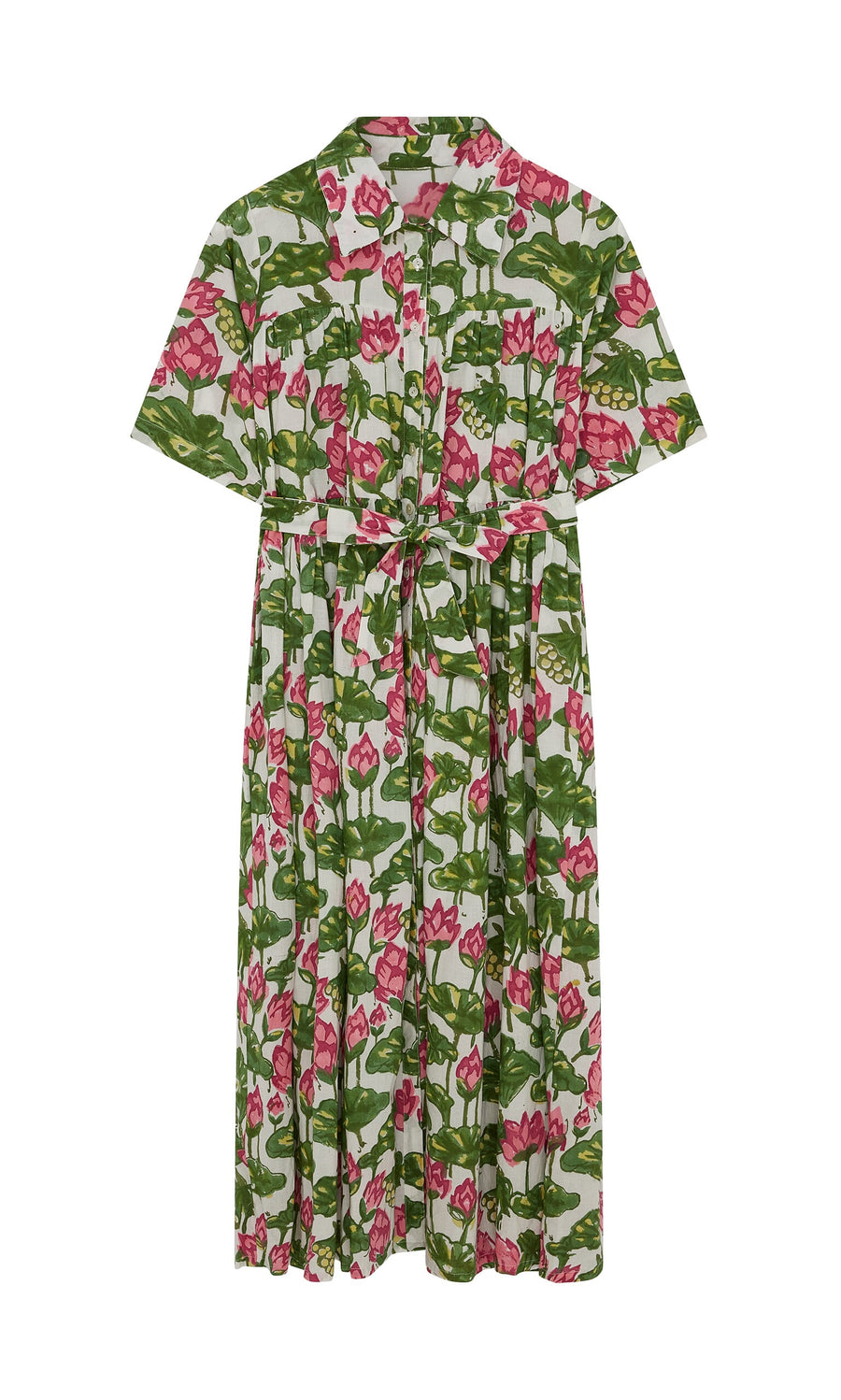 Plümo- Waterlily Dress: Cotton-voile with tiered gathers, waist tie, and pink-green block-printed waterlilies on white.