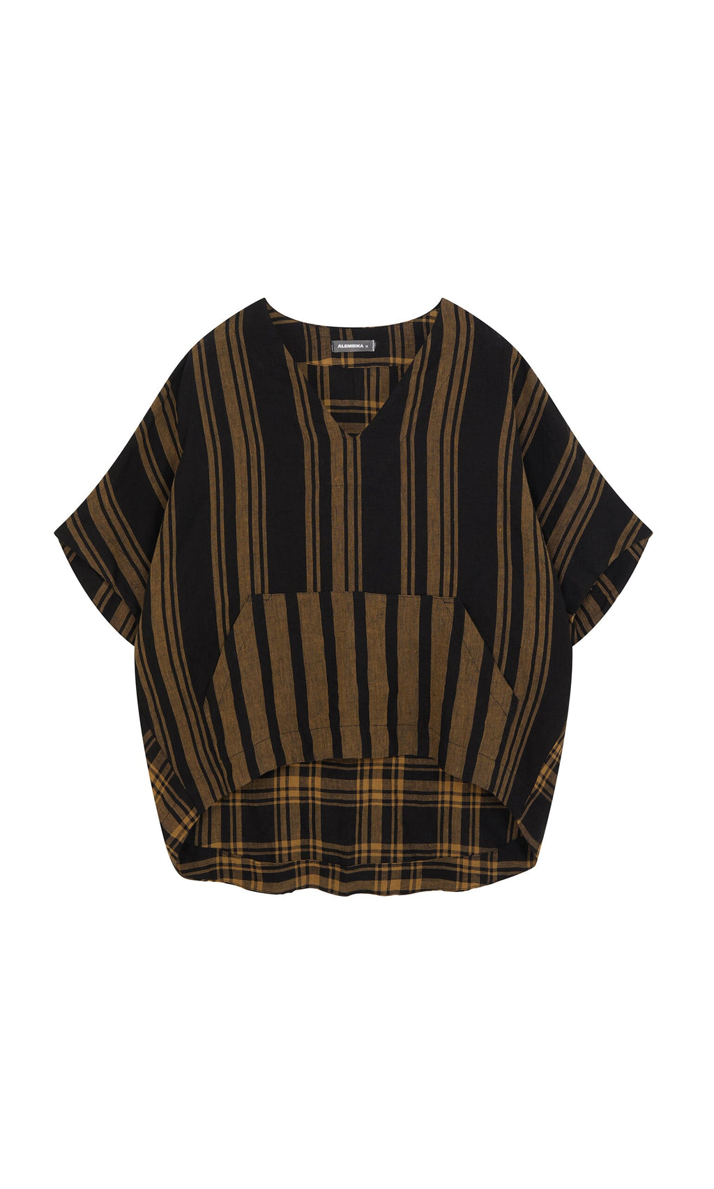 Plümo- Westmorland Top: Loose-fit, short-sleeve linen with brown stripes and checks, featuring a stylish round neckline.