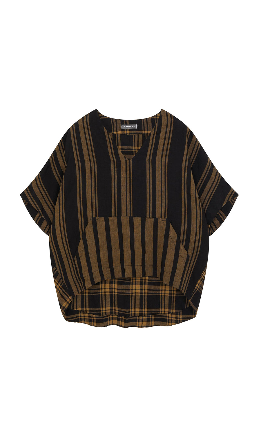 Plümo- Westmorland Top: Loose-fit, short-sleeve linen with brown stripes and checks, featuring a stylish round neckline.