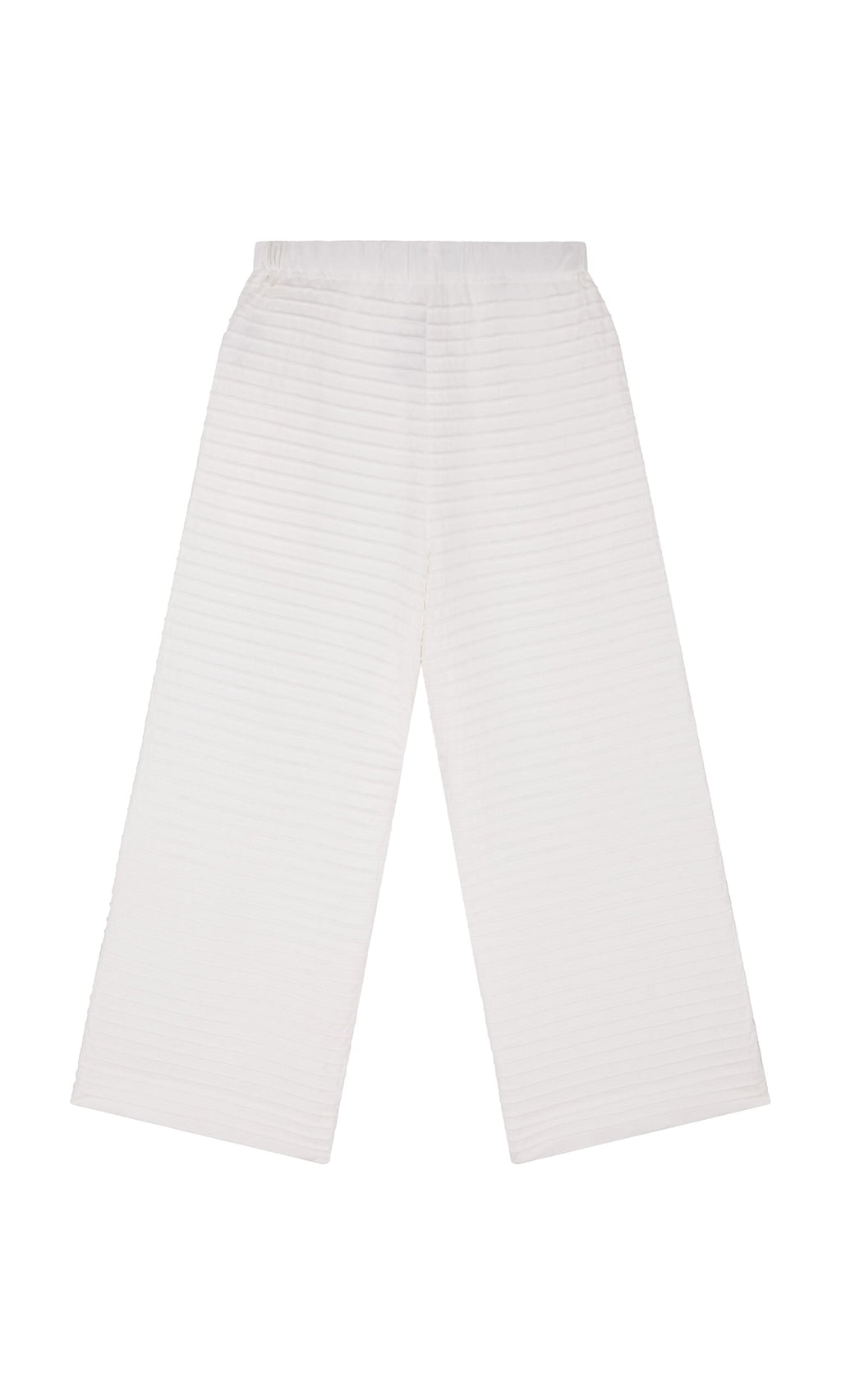 Plümo- White Pintucked Pants by Yacco Maricard: wide-leg cotton jersey loungewear with elastic waist and stripe texture.