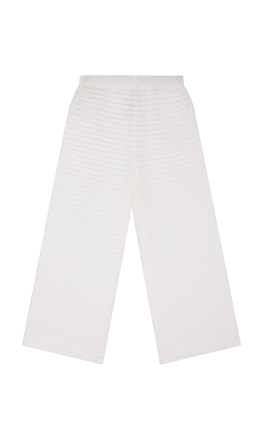 Plümo- White Pintucked Pants by Yacco Maricard: wide-leg cotton jersey loungewear with elastic waist and stripe texture.