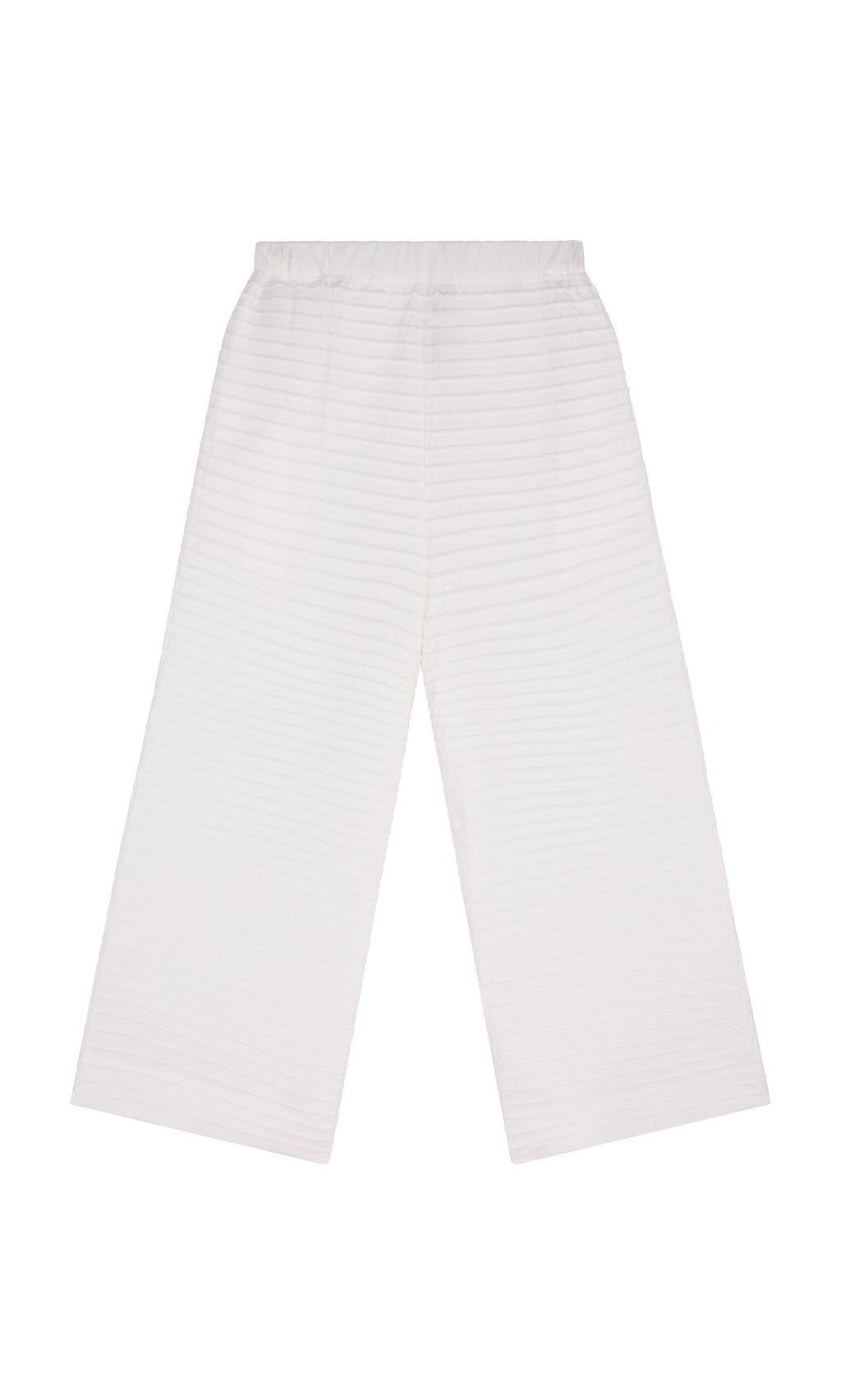 Plümo- White Pintucked Pants with wide legs, subtle striped texture, and elastic waistband, shown on a white background.