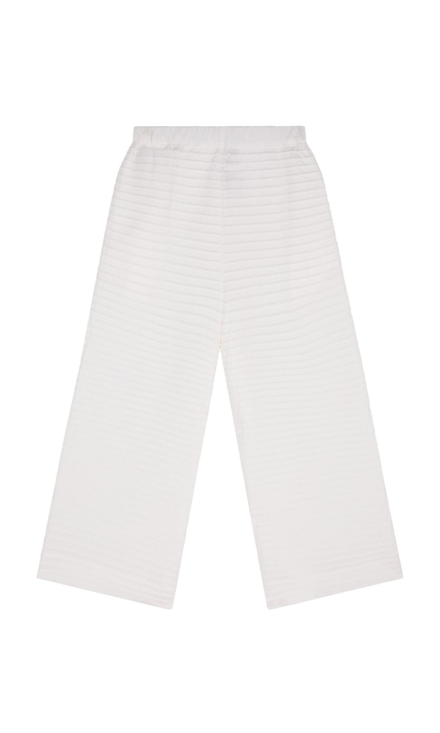 Plümo- White Pintucked Pants with wide legs, subtle striped texture, and elastic waistband, shown on a white background.