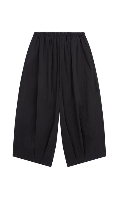 Plümo- Black Pinch Pants with a barrel-leg cut and elastic waist, shown laid flat on a white background.