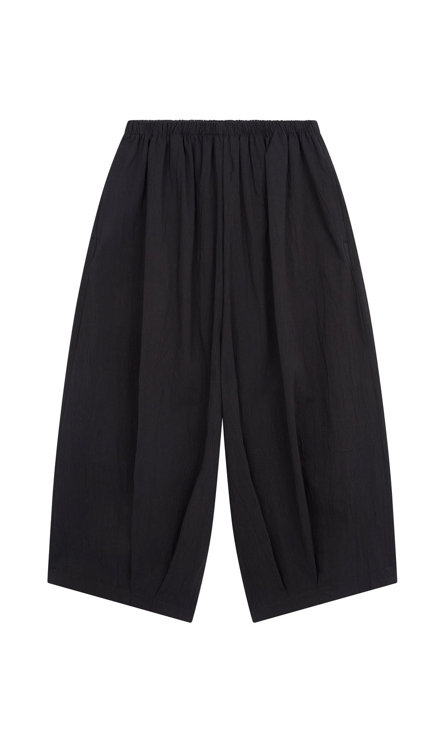 Plümo- Black Pinch Pants with a barrel-leg cut and elastic waist, shown laid flat on a white background.
