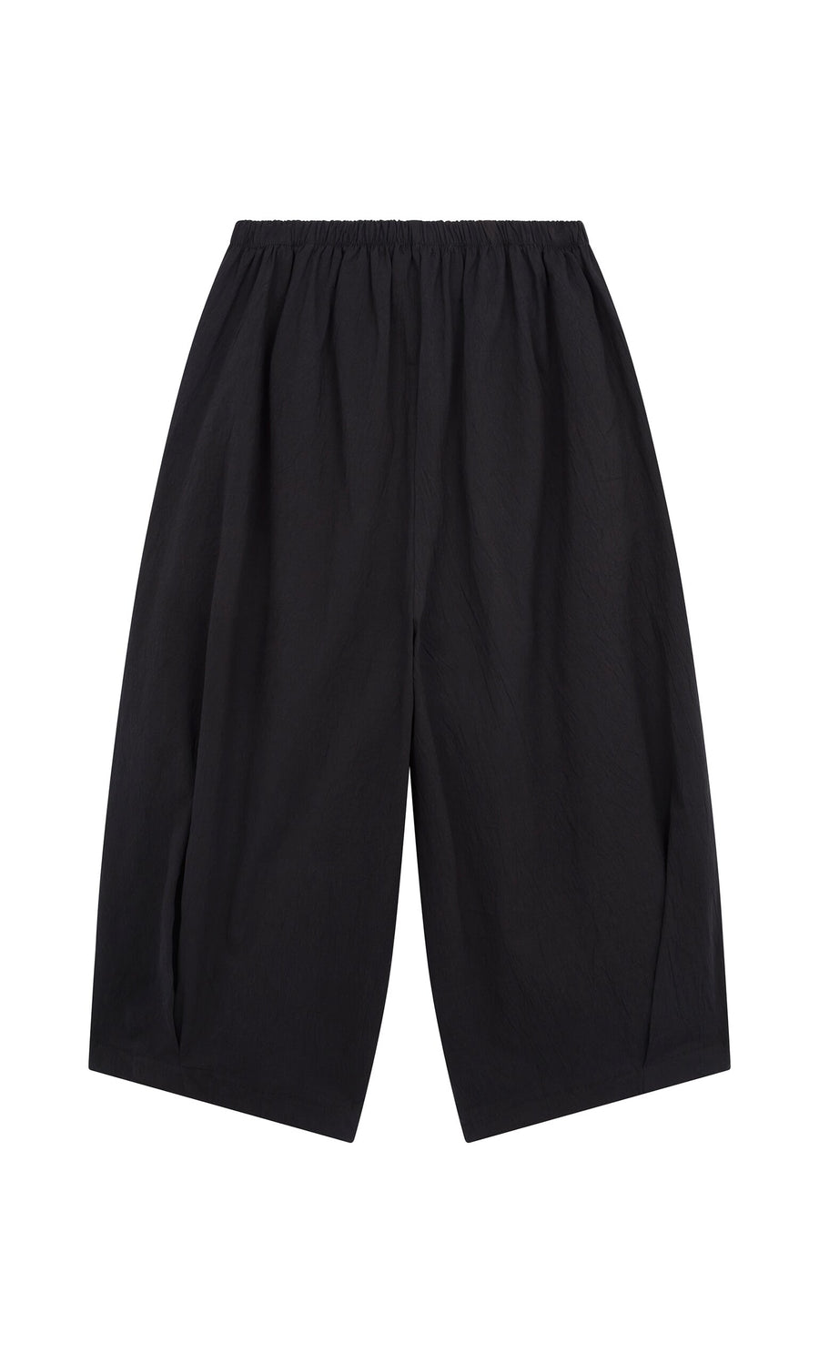 Plümo- Black Pinch Pants with an elasticated waist, loose fit, shown laid flat on a white background.