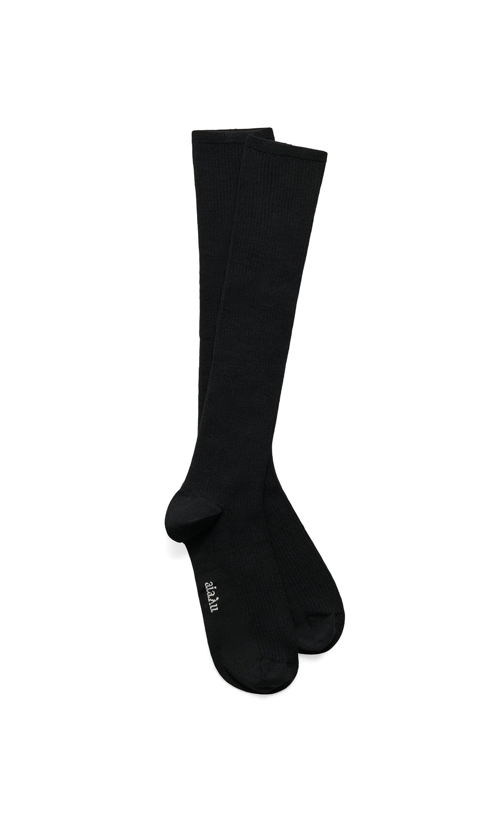 Plümo- Black Kneesocks laid flat on a white background—a classic rib-knit wardrobe staple.