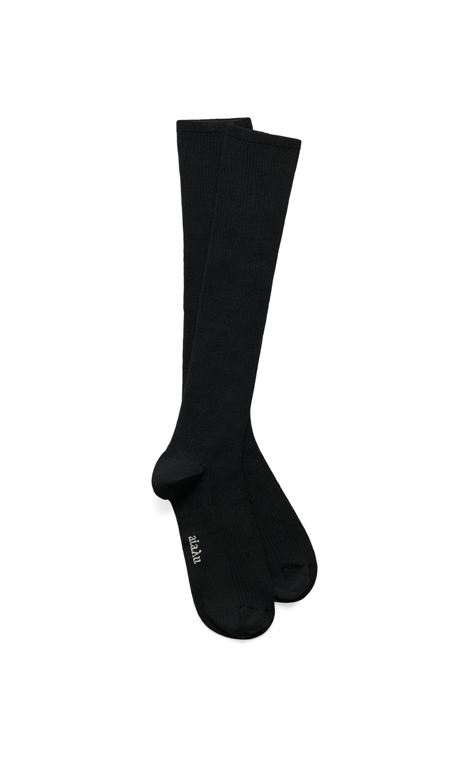 Plümo- Black Kneesocks laid flat on a white background—a classic rib-knit wardrobe staple.