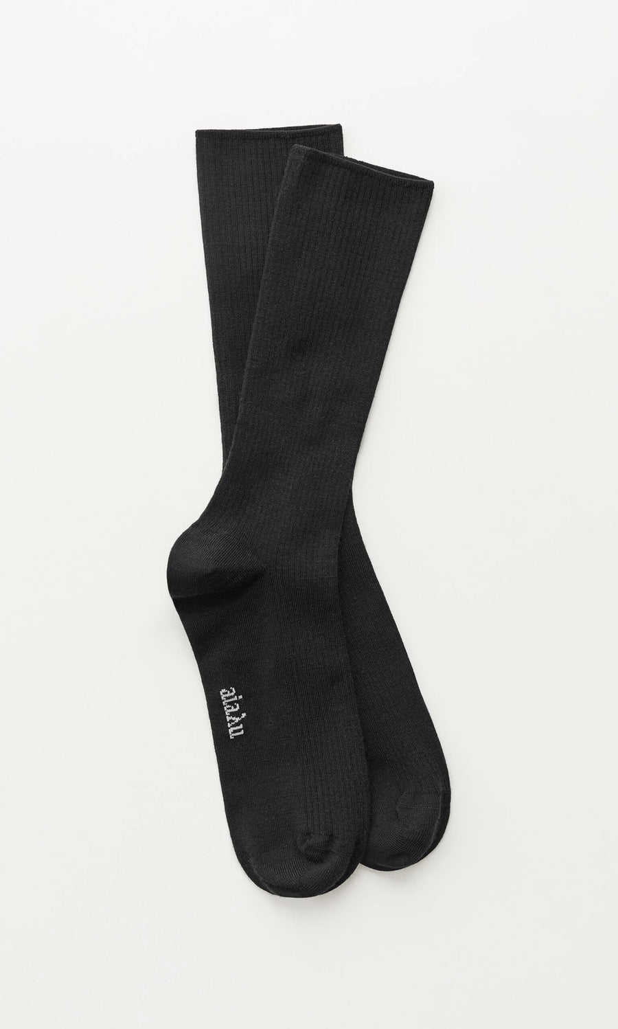 Plümo- Black Rib Socks with "aloha" in white near the toes, shown flat on a white surface.