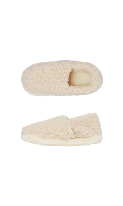 Plümo  Pair of beige Wool Slippers - Natural made from Irish merino wool with non-slip soles on a plain white background.