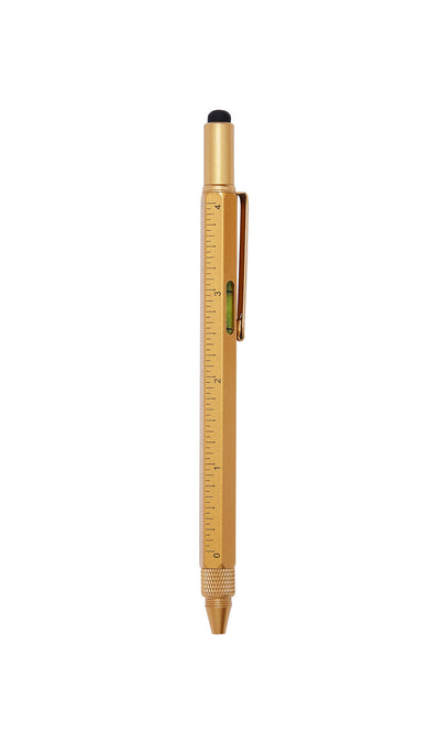 Plümo- Workshop Pen: gold multi-tool with ruler, pocket clip, black tip, and stylus on a white background.
