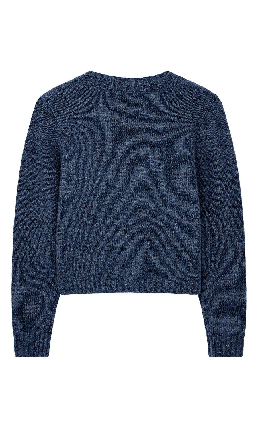 Plümo- The Alpine Cardigan - Blue is a fitted knit sweater with long sleeves, ribbed cuffs, and a crew neckline shown from the back.