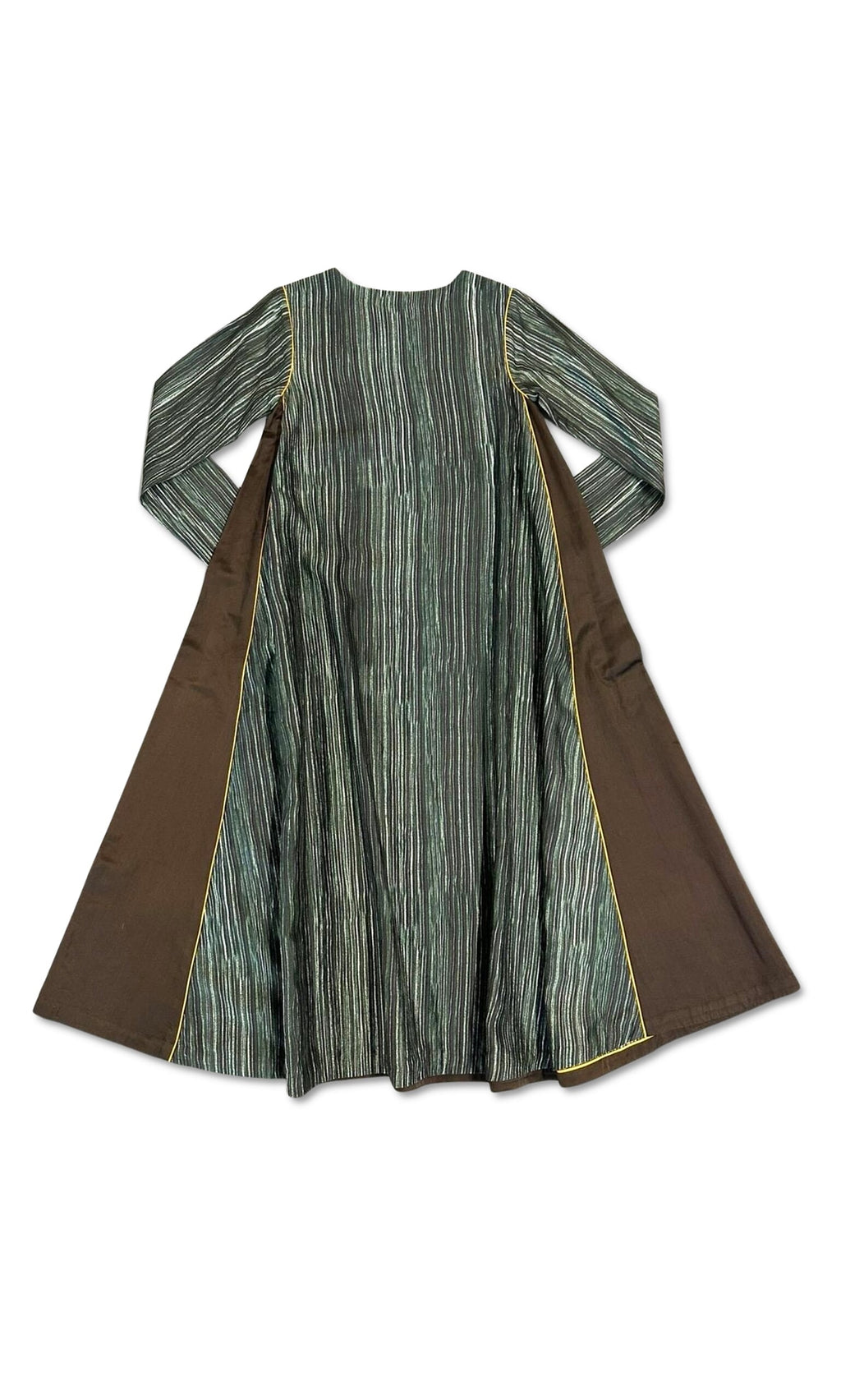 Plümo- The Anika Dress is a long-sleeved, ankle-length emerald green dress with digital stripes and brown side panels.