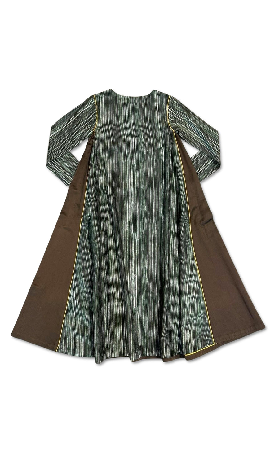 Plümo- The Anika Dress is a long-sleeved, ankle-length emerald green dress with digital stripes and brown side panels.