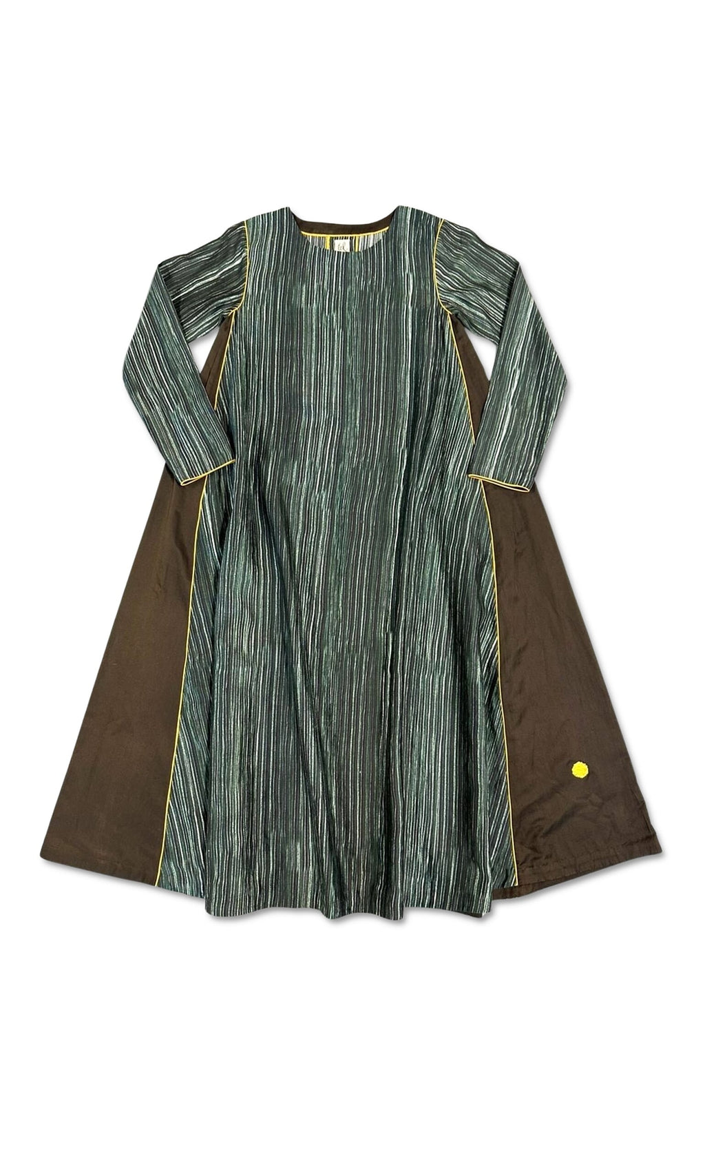 Plümo- Anika Dress: Long-sleeved cotton silk satin dress in emerald green with hand-painted stripes, flared sides, and yellow trim.