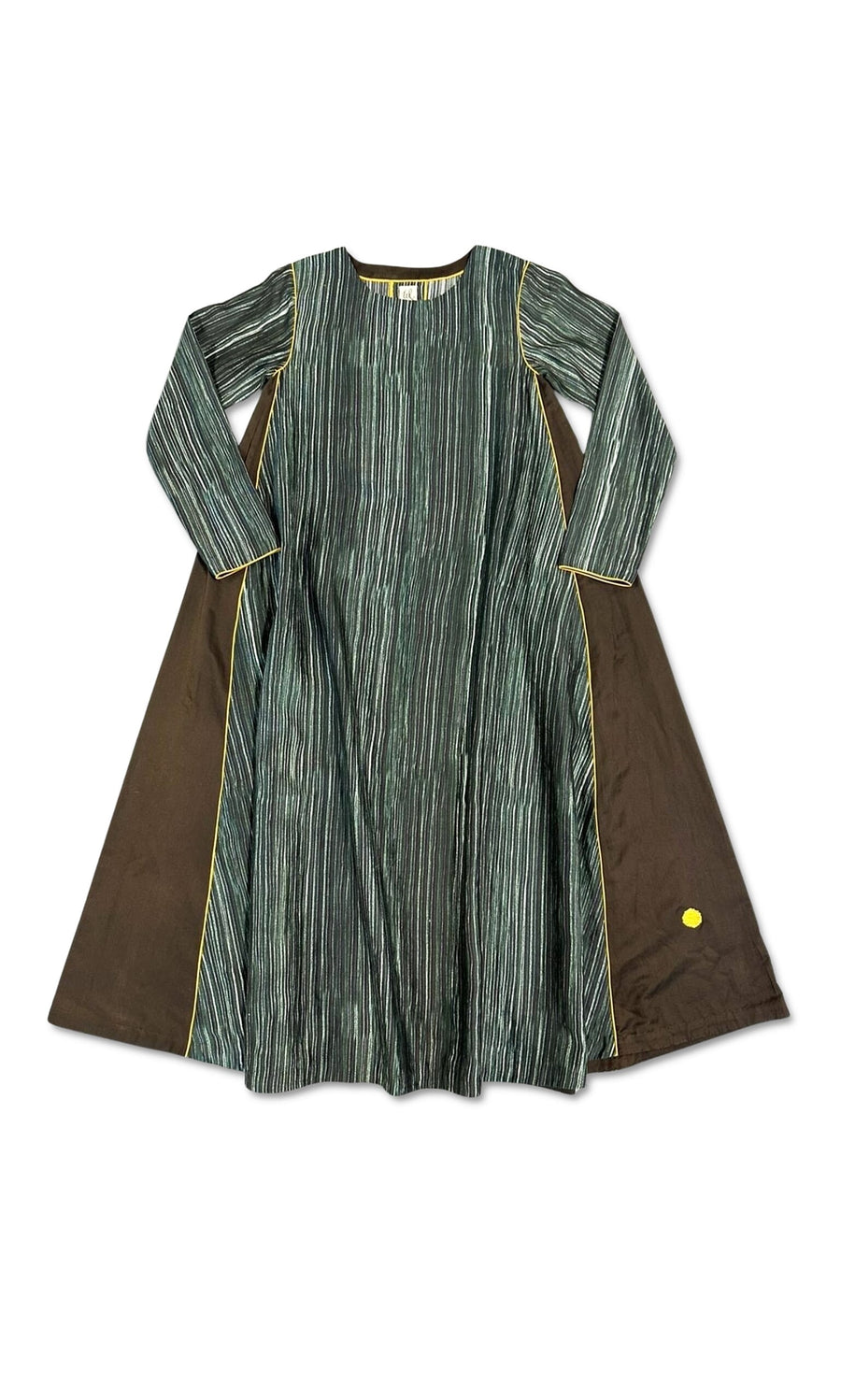 Plümo- Anika Dress: Long-sleeved cotton silk satin dress in emerald green with hand-painted stripes, flared sides, and yellow trim.