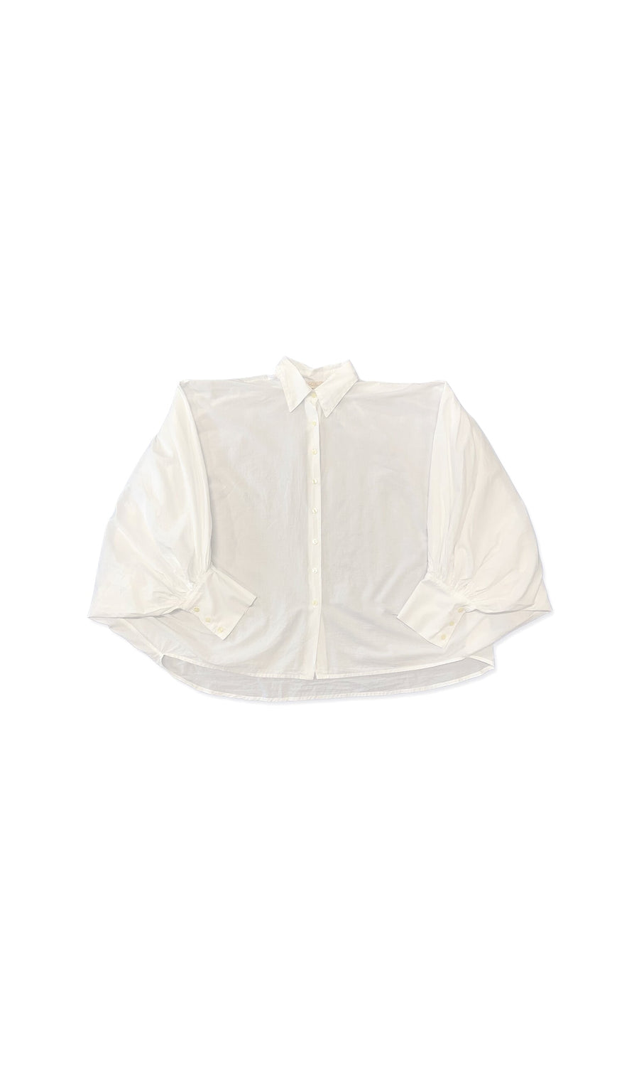 Plümo- Batwing Shirt - White: Cotton, voluminous batwing sleeves, relaxed fit, and classic collar.