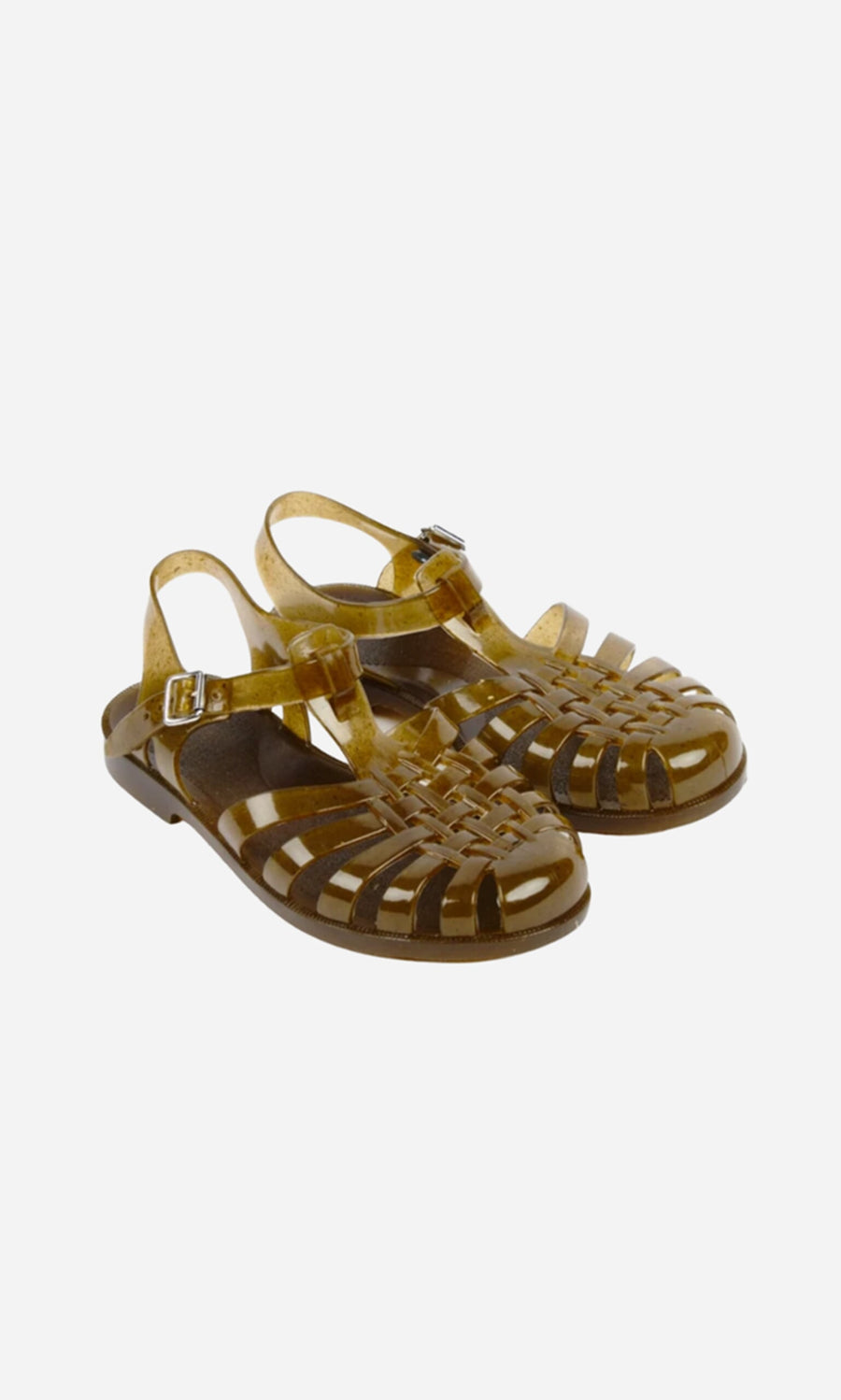 Plümo- Hemp Sunchanvre Sandal: Translucent brown recycled vegan PVC jelly sandals with woven design and adjustable ankle straps.
