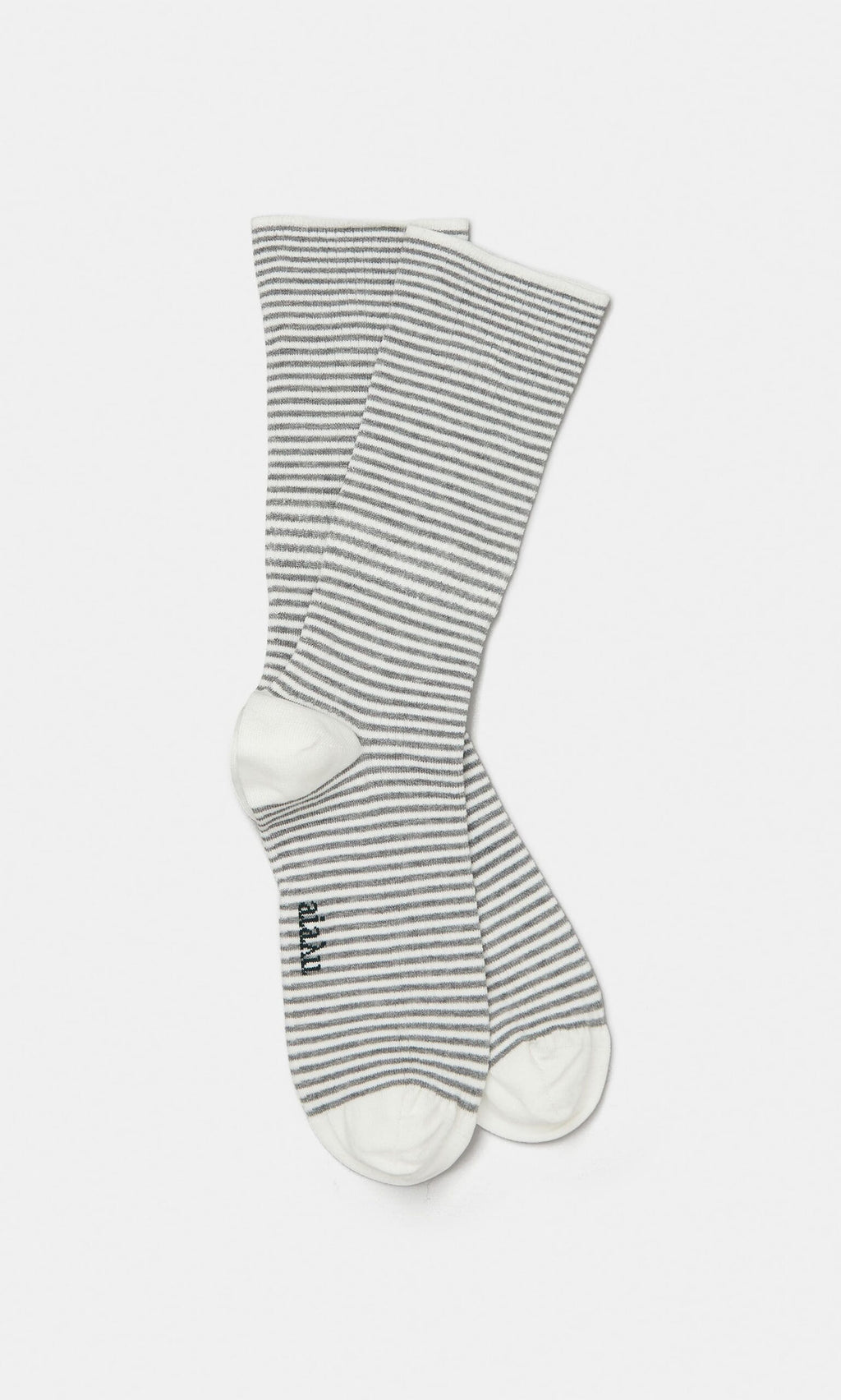 Plümo- Grey Stripe Socks: soft socks with gray and white horizontal stripes plus white toes, heels, and cuffs.