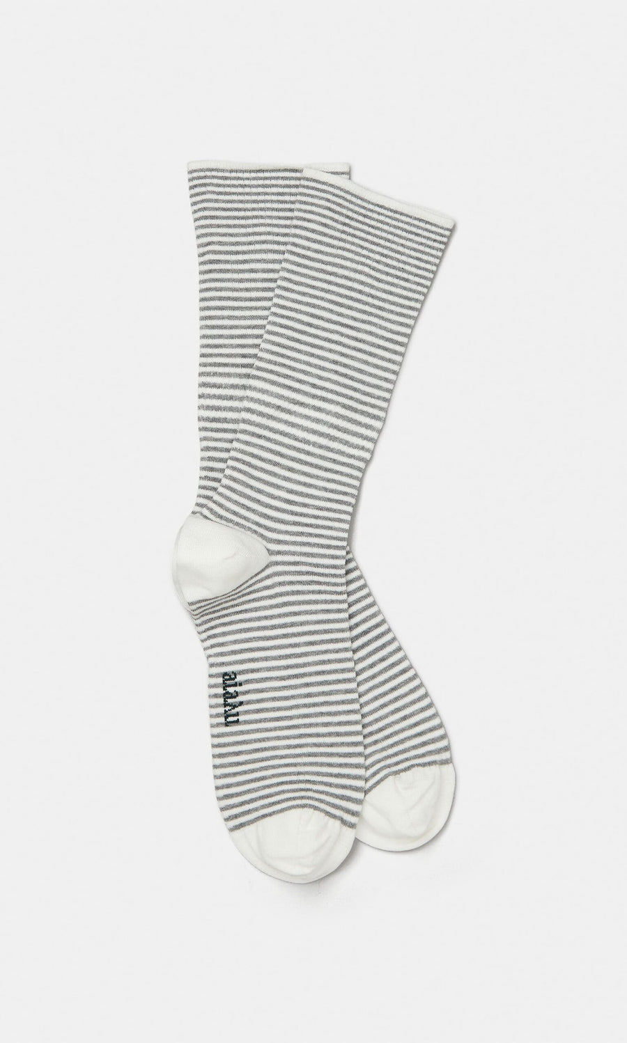 Plümo- Grey Stripe Socks: soft socks with gray and white horizontal stripes plus white toes, heels, and cuffs.
