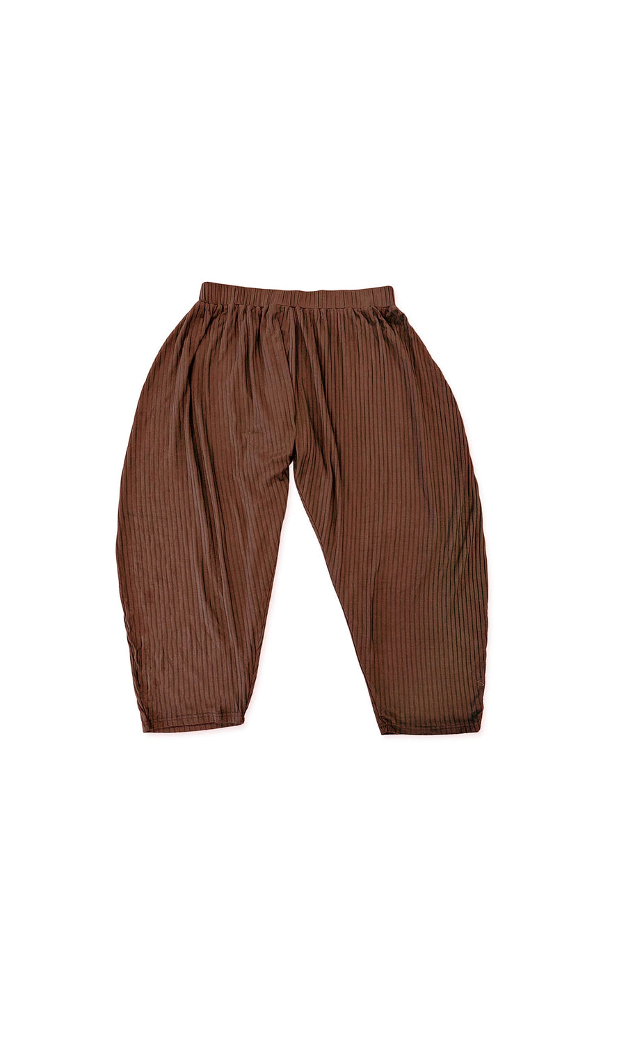 Plümo- Danae Pants - Rust: ribbed, drop-crotch trousers with a stretchy waist, shown flat on a white background.