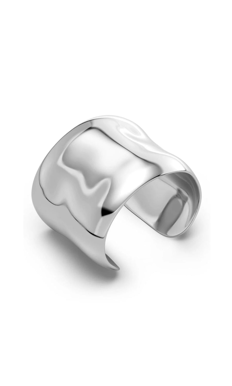 Plümo- Tunner Cuff: Oversized, shiny 16.5cm silver cuff with a smooth, wavy sculpted stainless steel design.