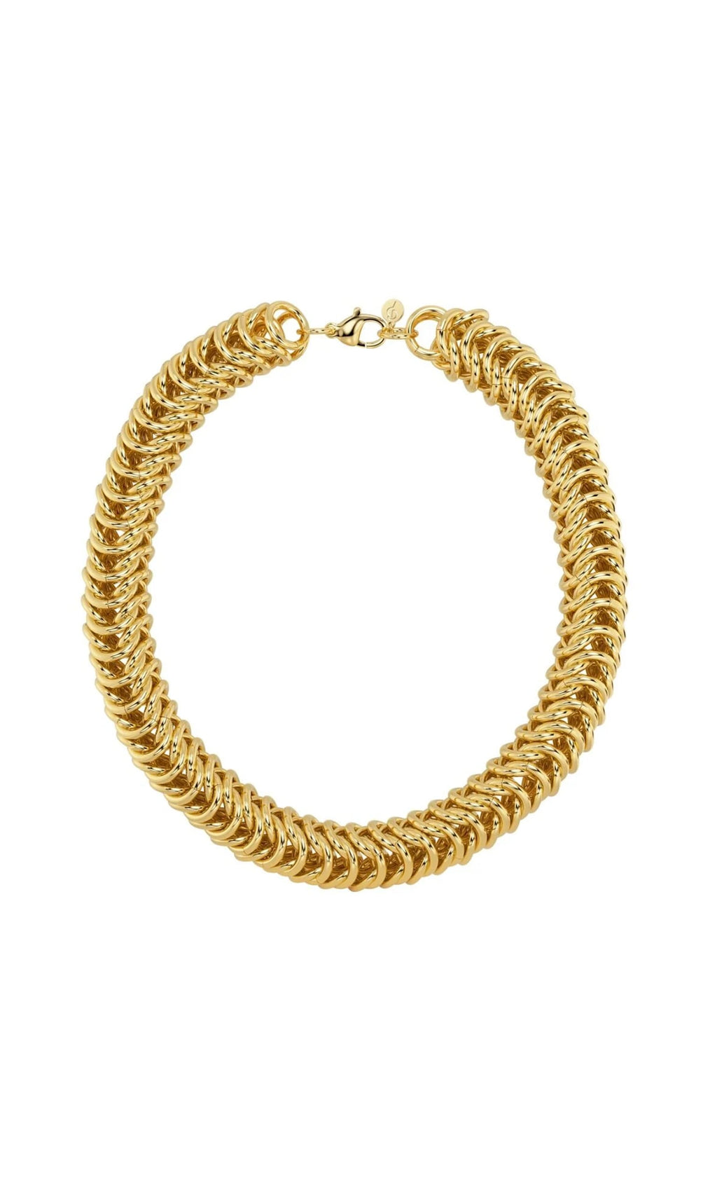 Plümo- The Kibbin Necklace is a chunky gold-plated piece with interlocking loops and a lobster clasp on a white background.
