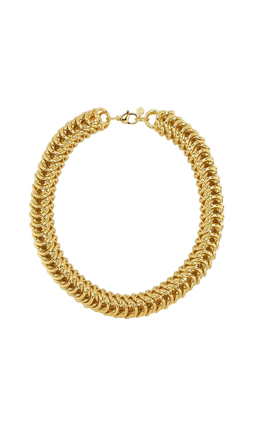 Plümo- The Kibbin Necklace is a chunky gold-plated piece with interlocking loops and a lobster clasp on a white background.