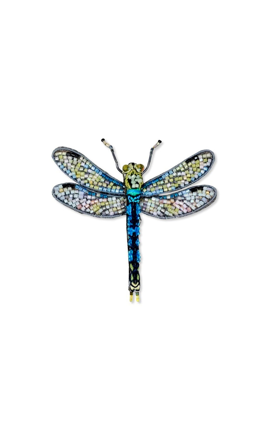 Plümo- Blue Dragonfly Brooch with yellow face and multicolored wings on a white background.