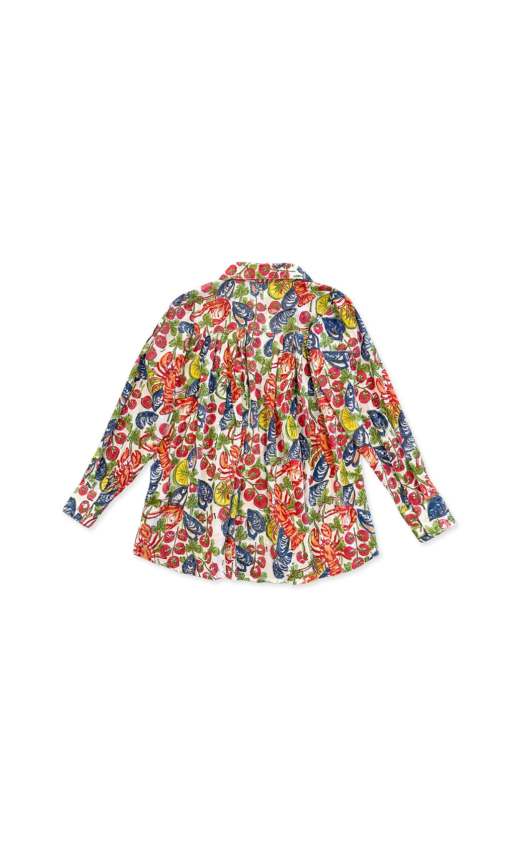 Plümo- Oba Shirt: Relaxed fit, long-sleeve cotton voile with hand-printed colorful florals on white.
