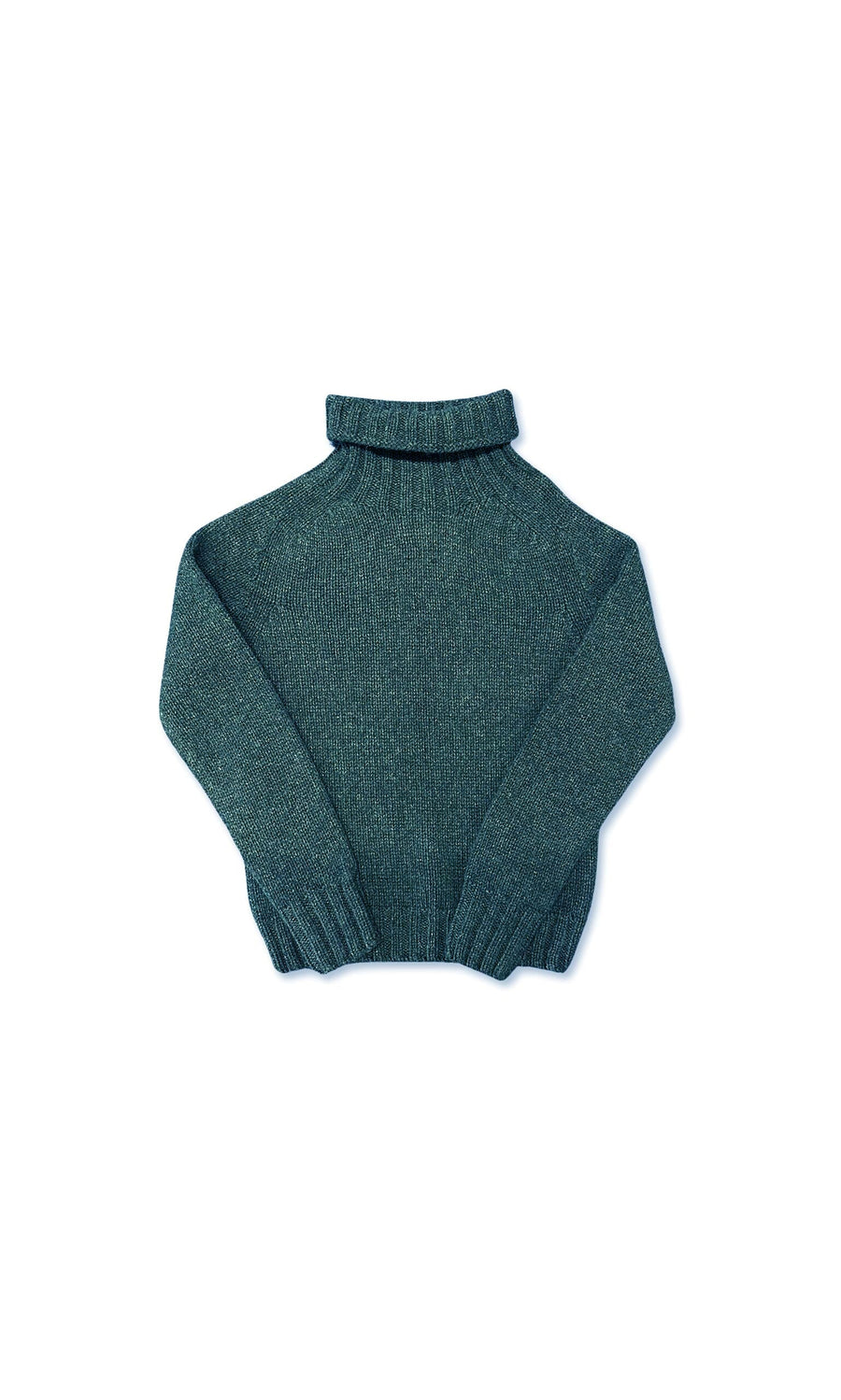 Plümo- The Fiona Jumper, a green lambswool funnel neck sweater with long sleeves, is laid flat on a white background.