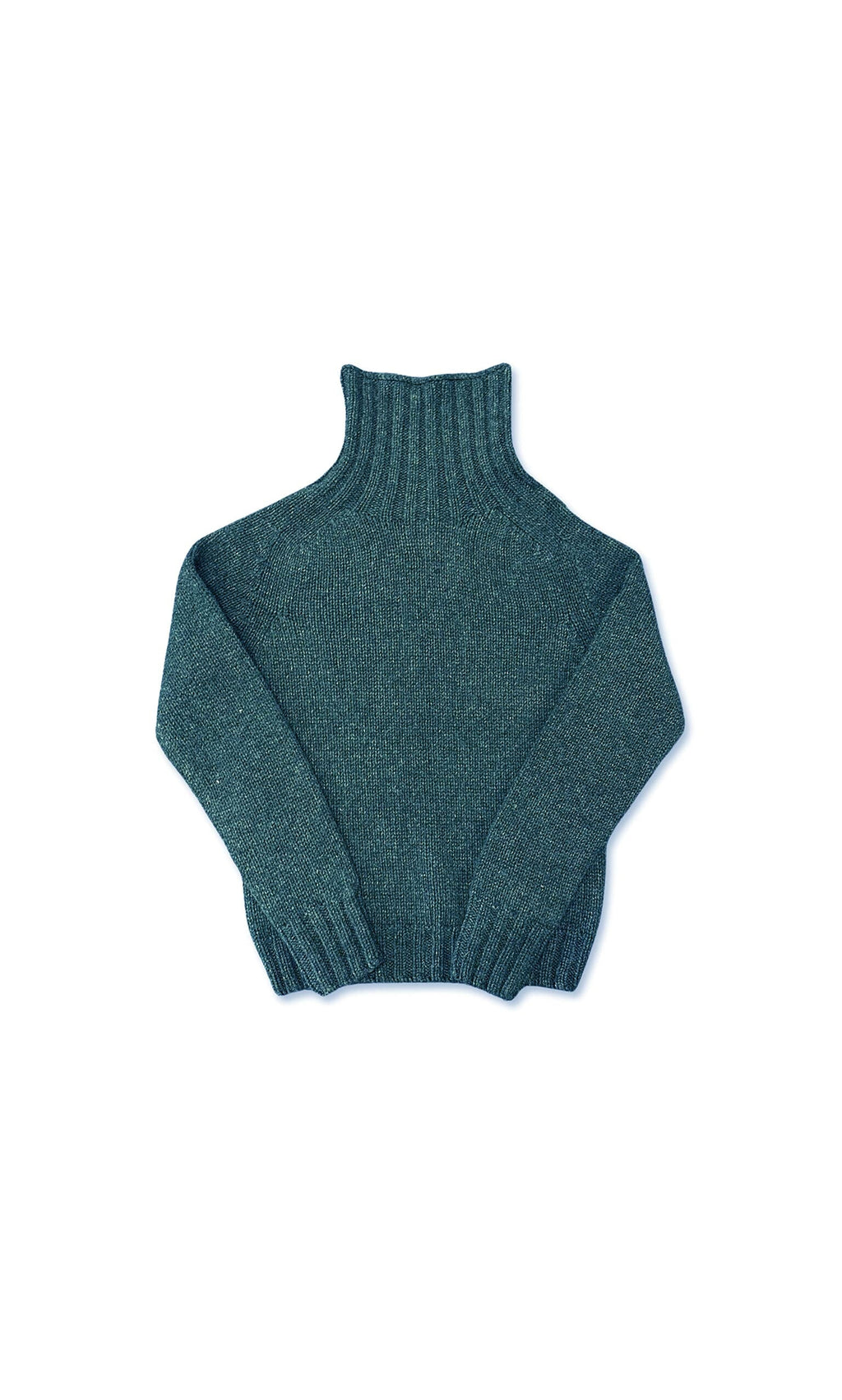 Plümo- The Fiona Jumper: a deep teal lambswool funnel neck sweater with long sleeves, shown flat on a white background.