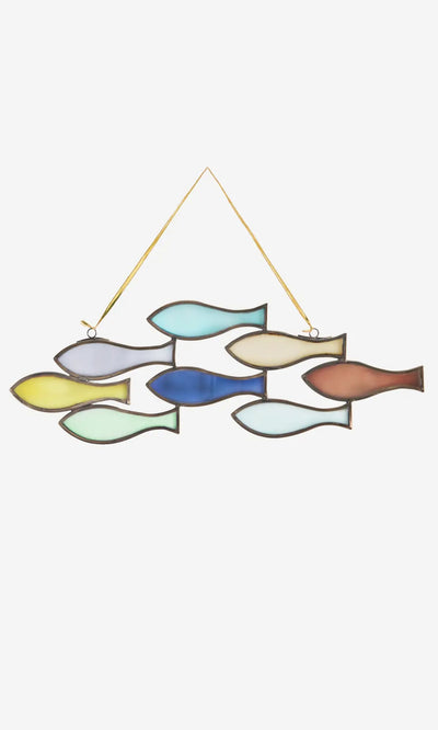 Plümo- The Shoal of Fish Mobile features eight colorful abstract fish panels on a yellow string against a white backdrop.