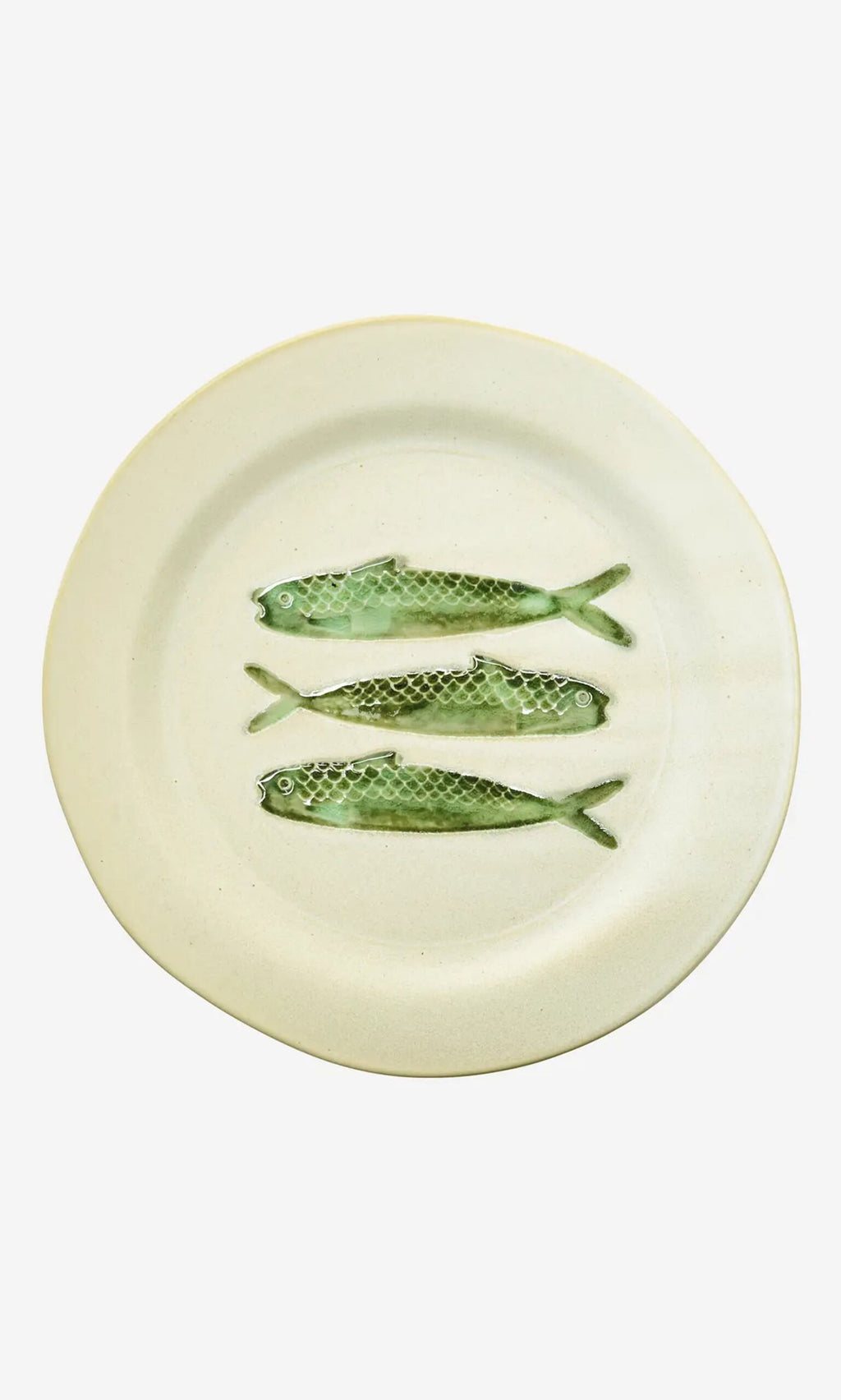 Plümo- The Sardine Plate is a stoneware dinner plate with three hand-painted sardines; it's dishwasher safe.
