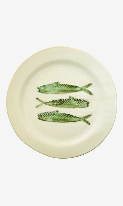 Plümo- The Sardine Plate is a stoneware dinner plate with three hand-painted sardines; it's dishwasher safe.