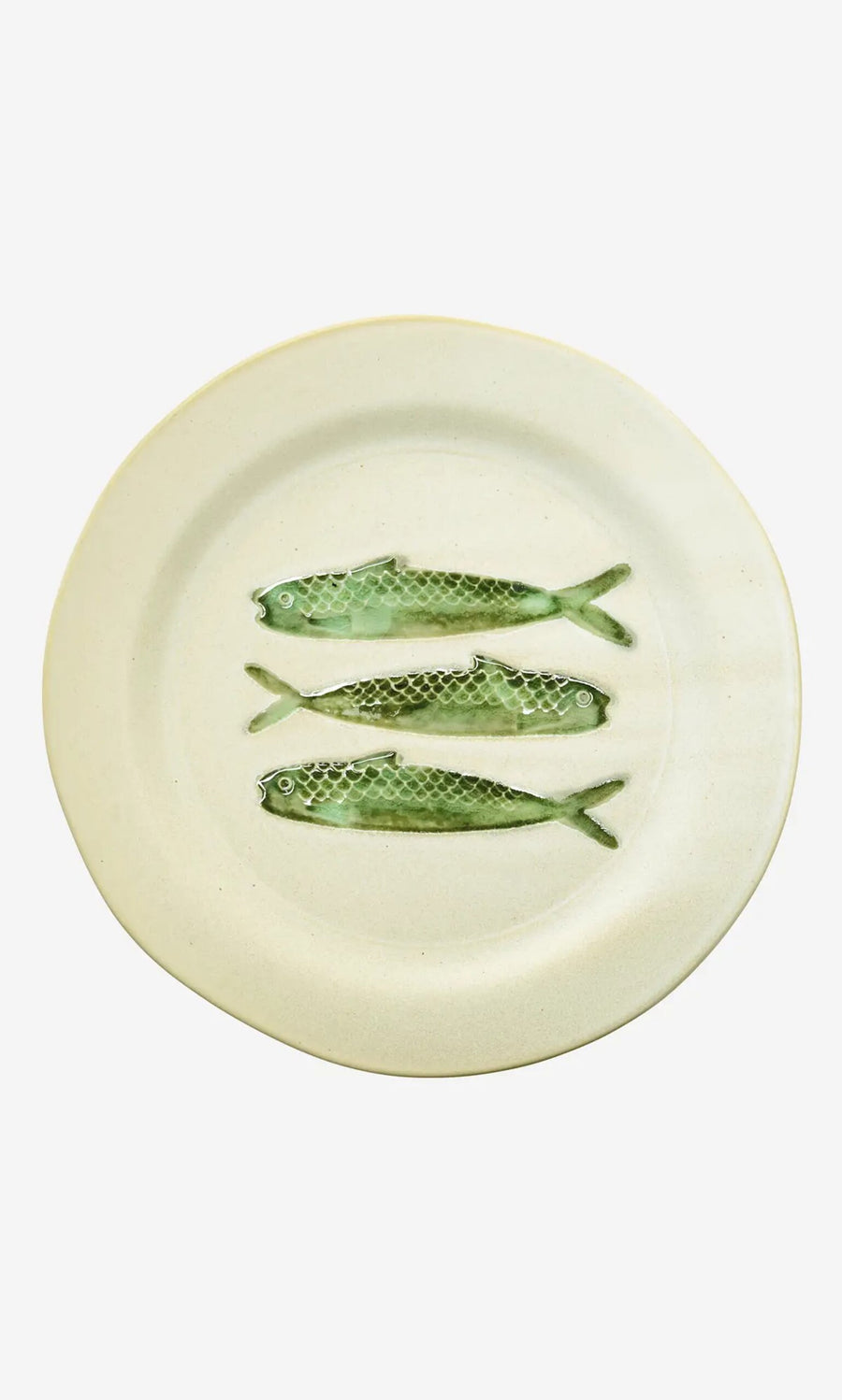Plümo- The Sardine Plate is a stoneware dinner plate with three hand-painted sardines; it's dishwasher safe.