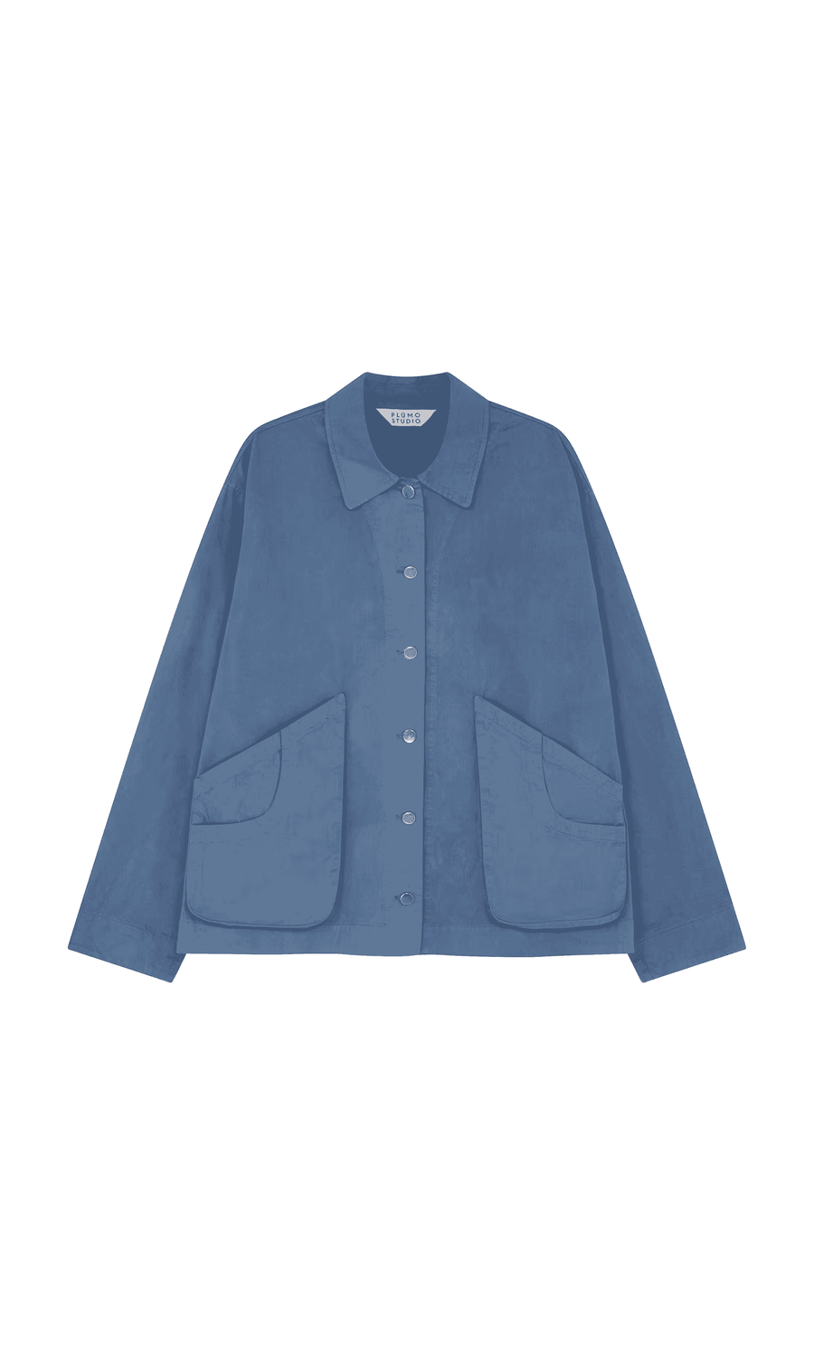 Plümo- Flanders Jacket French Blue - Seconds: cotton canvas workwear with collar, two front pockets, shown on white background.