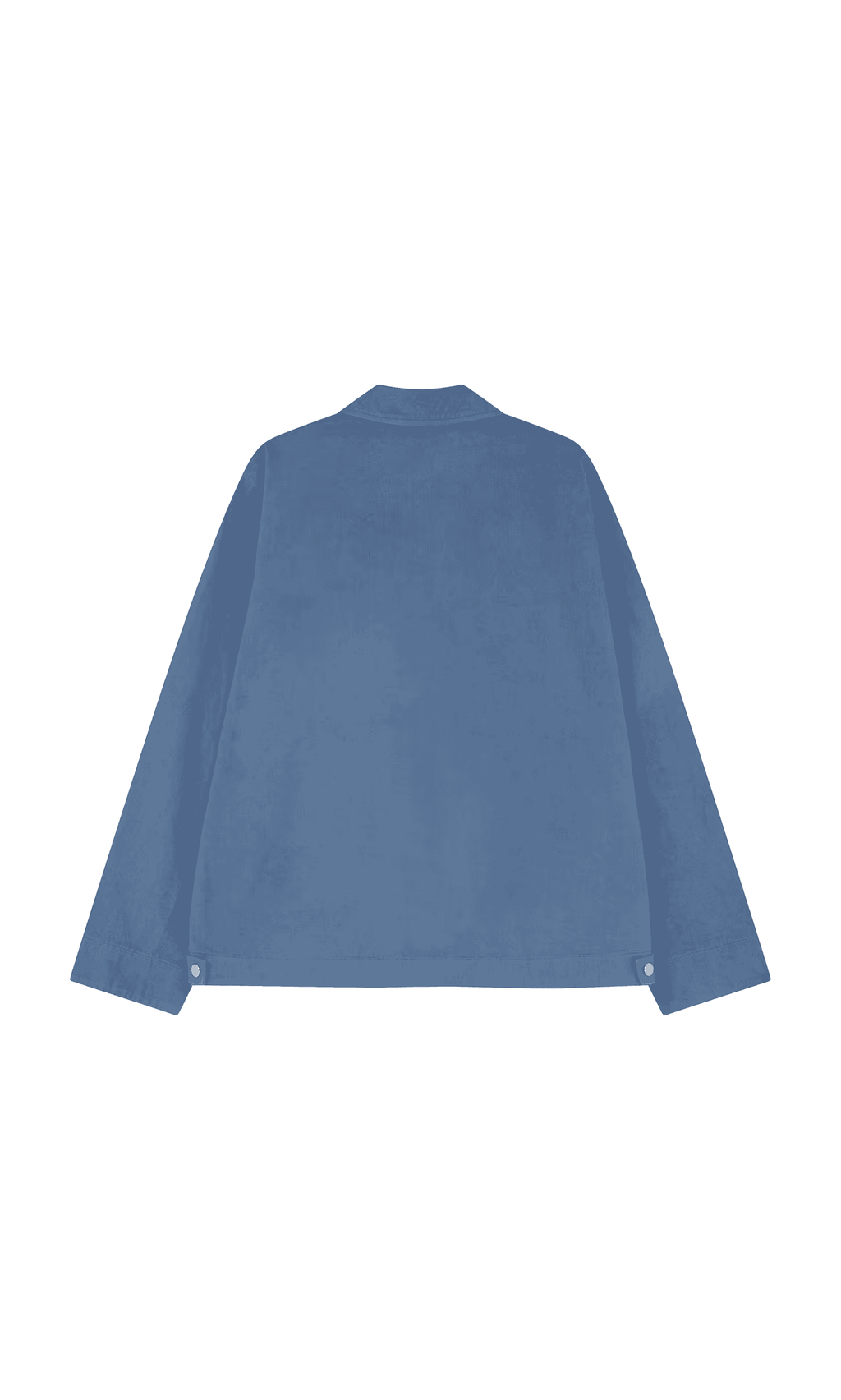 Plümo- Flanders Jacket French Blue - Seconds shown from the back, featuring a collar and buttons on the lower sides.