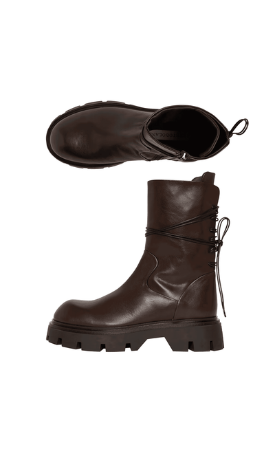 Plümo- Paola Boots - Photoshoot Sample: Dark brown Italian leather, chunky grooved soles, laces, pull tab. Side/top views.
