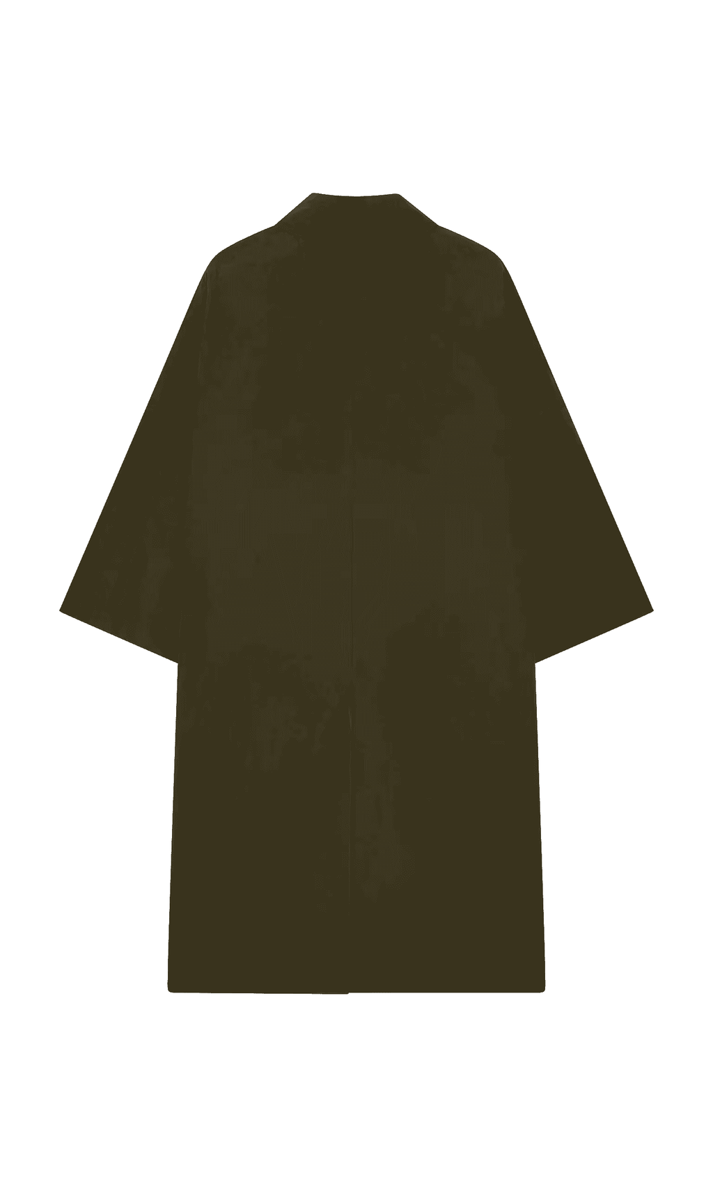 Plümo- Doherty Coat Olive - Seconds, oversized dark olive green, wide sleeves, shown flat from the back on white background.