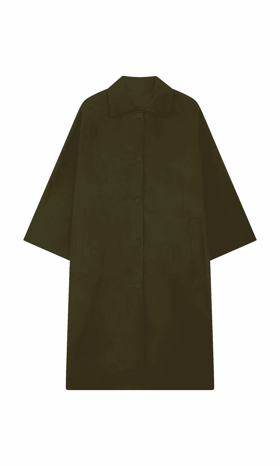 Plümo- Doherty Coat Olive - Seconds: Dark olive green, knee-length waxed cotton coat with wide sleeves, collar & side pockets.