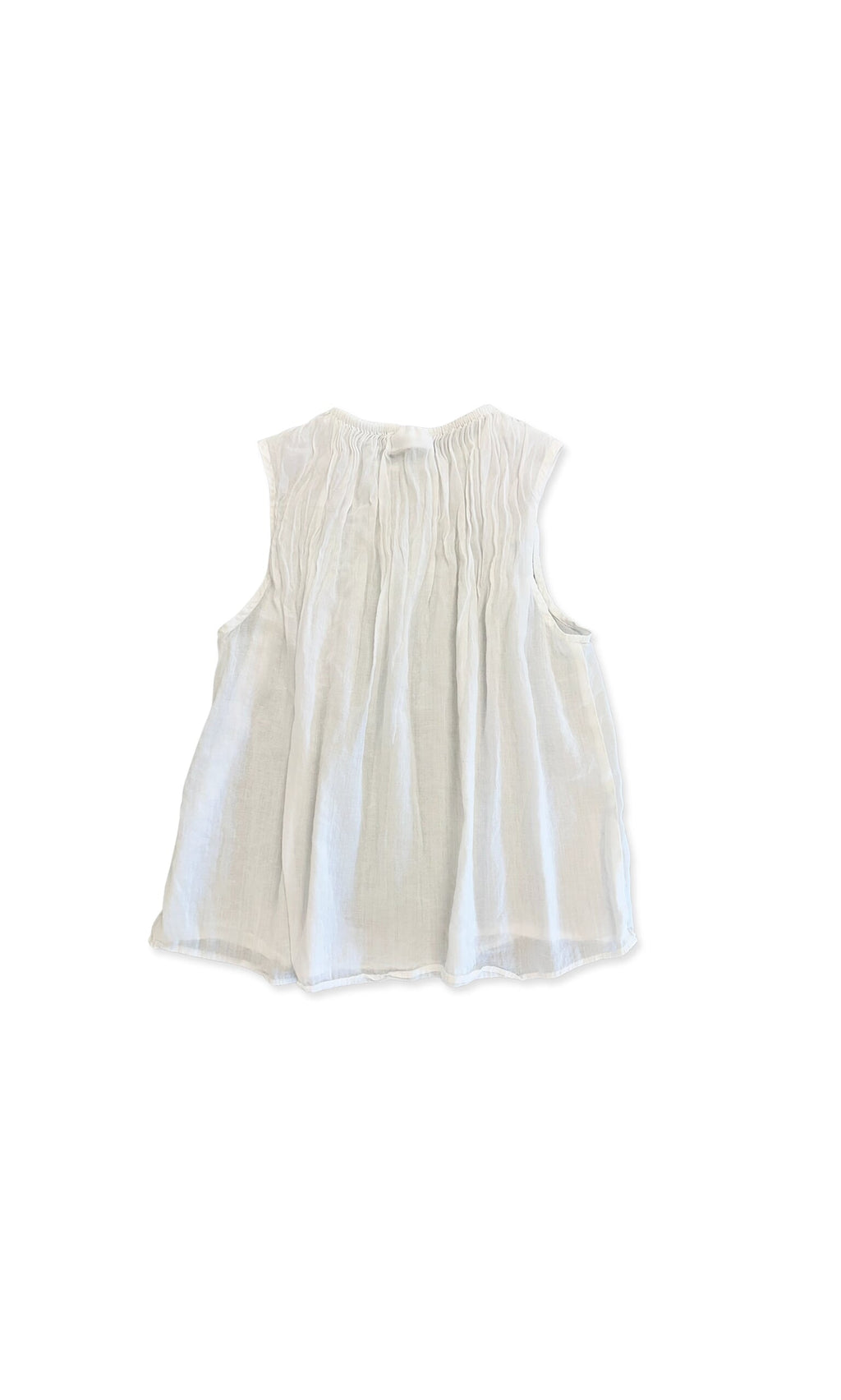 Plümo- Jasmine Top: sleeveless white airy blouse with gathered details, shown from the back on a white background.