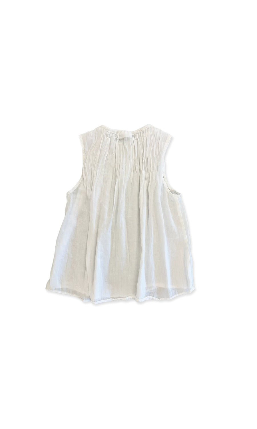Plümo- Jasmine Top: sleeveless white airy blouse with gathered details, shown from the back on a white background.