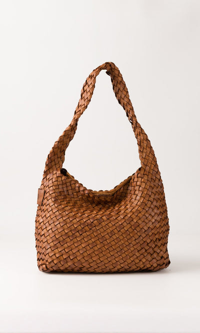 Plümo- The Hilda Bag is a brown, seam-free woven leather hobo with a single shoulder strap on a white background.