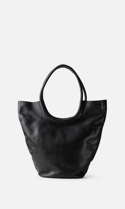 Plümo  Oval Shoulder Bag in modern black leather with rounded handles, shown against a plain white background.