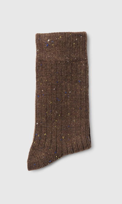 Plümo  One Brown Speckled Sock with ribbed texture and reinforced heels, shown flat on a white background.
