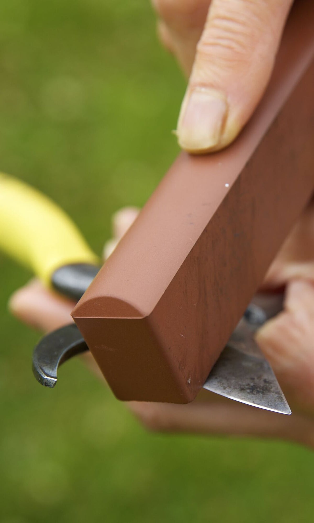 Plümo- A person sharpens secateurs with a Sharpening stone against a green background.