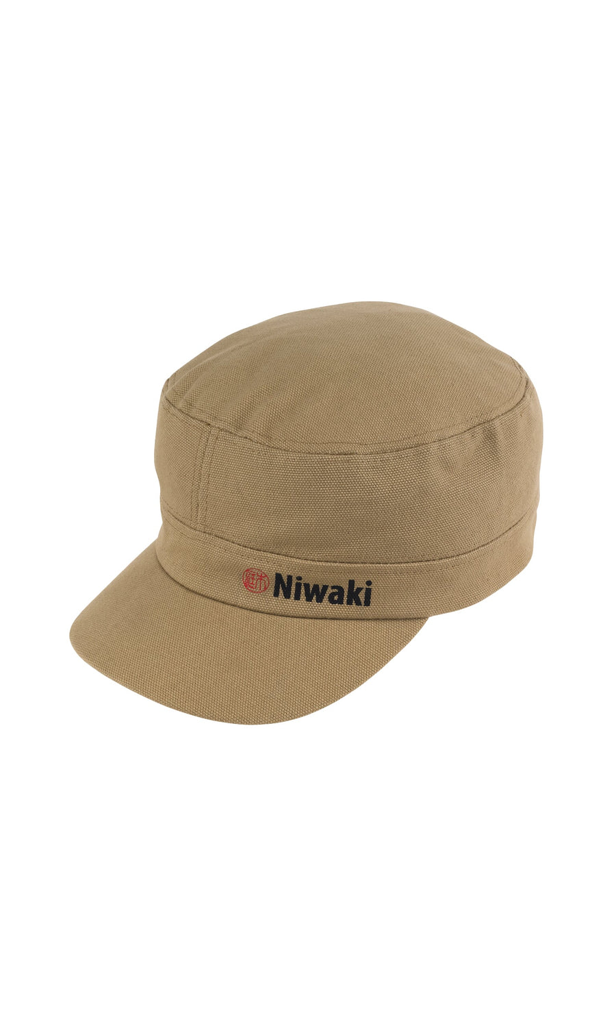 Plümo- Niwaki Cap: khaki canvas with short brim, adjustable fit, and black/red Niwaki logo on the front.