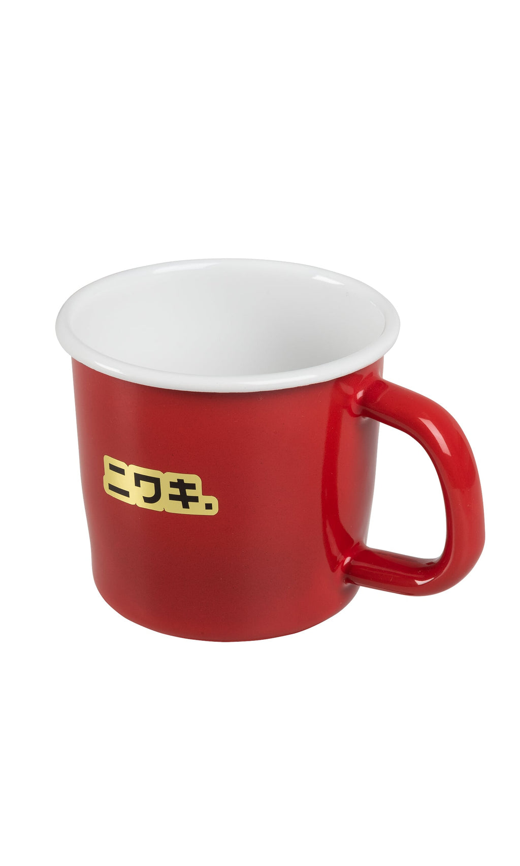 Plümo- Red enamel mug with white interior and yellow Japanese text, ideal for camping, tea, or coffee.