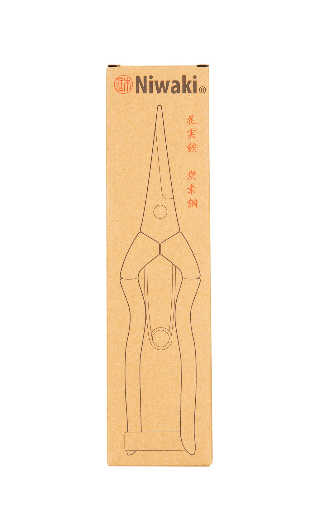 Plümo- Brown cardboard box with a line drawing of red garden snips, Niwaki branding, and "handmade in Japan" details.